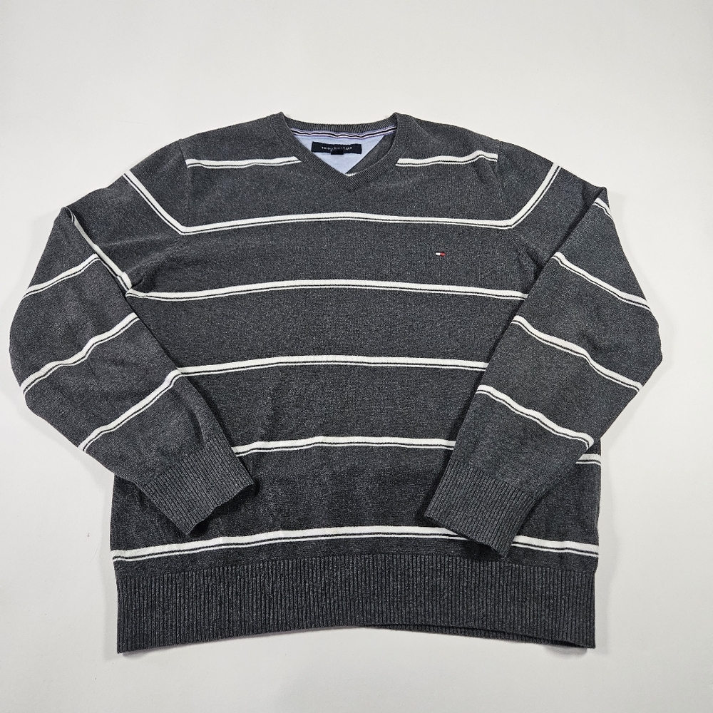 Tommy Hilfiger Men's Gray Cotton V Neck Striped Sweater Long Sleeve Size Large - Picture 6 of 15